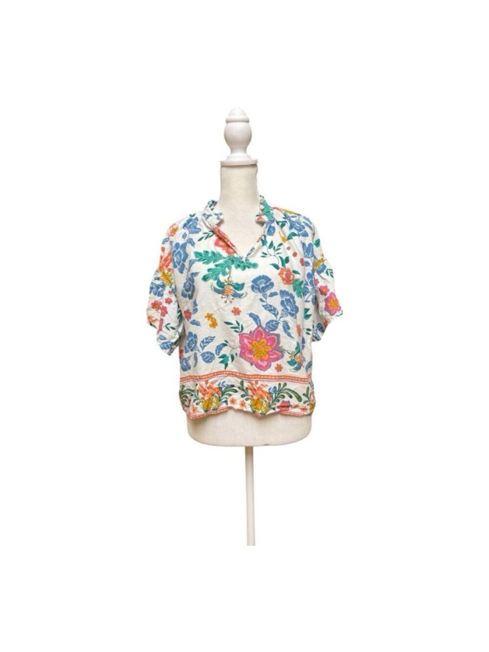Rachel Zoe Linen Blend Floral Blouse Women’s M Boho Short Sleeve Top